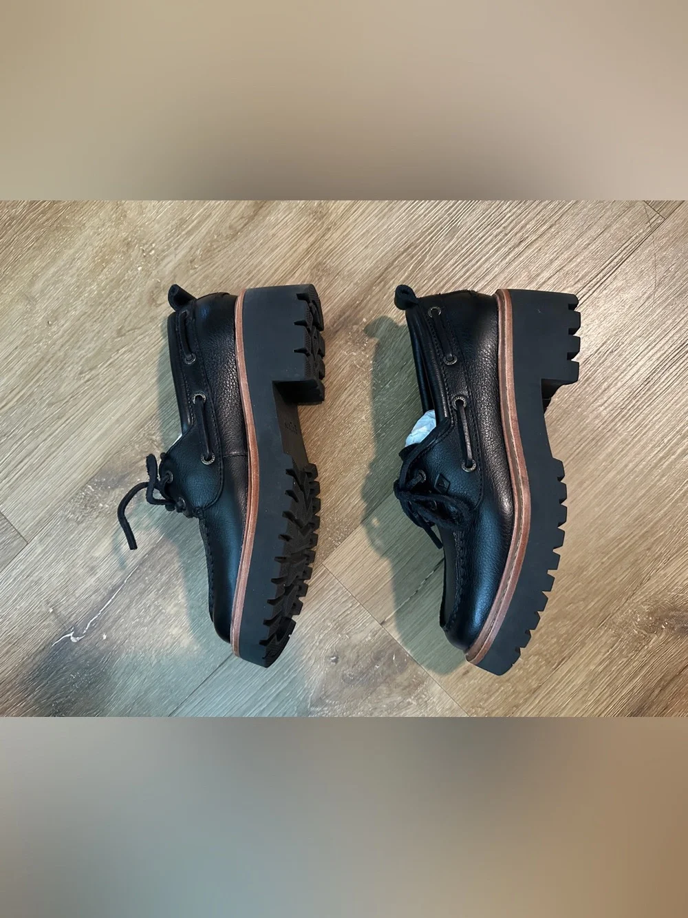 Women’s Black Leather Lug Sole Boat Shoes